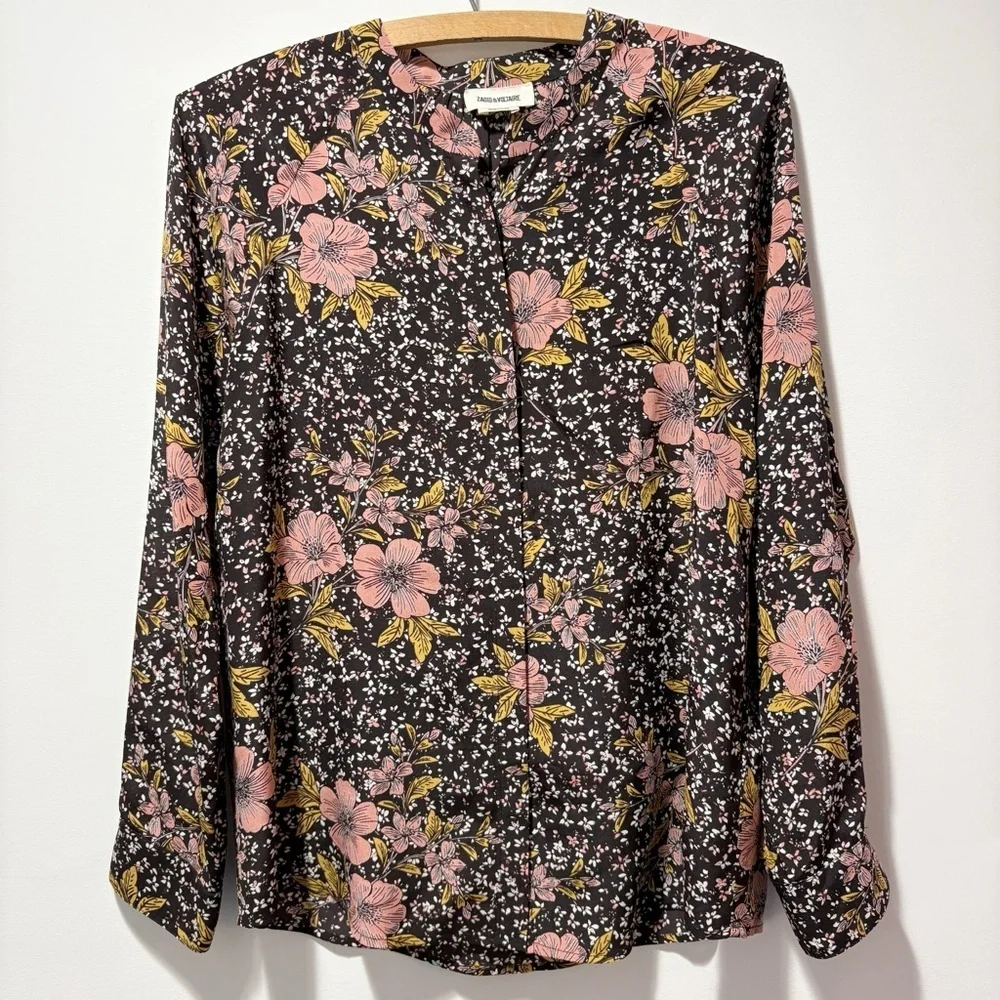 Zadig and Voltaire Chai Print Dark Floral 100% Silk Blouse Top Size XS Luxury - Picture 5 of 14